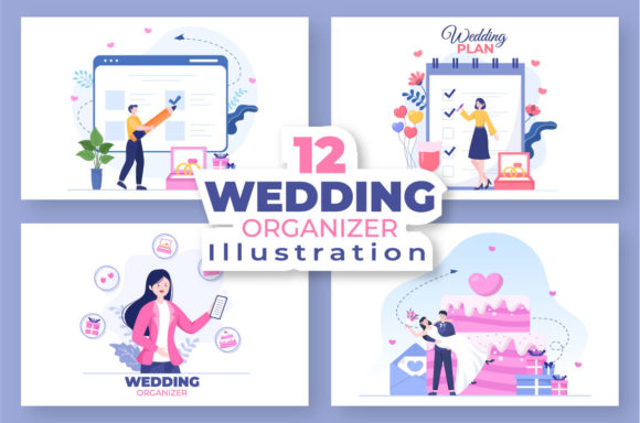 12 Wedding Organizer Illustration: Flat Style Design Assets
