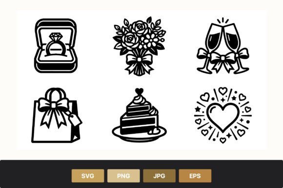 Elegant Wedding Icons: Ring, Bouquet & Cake Line Art